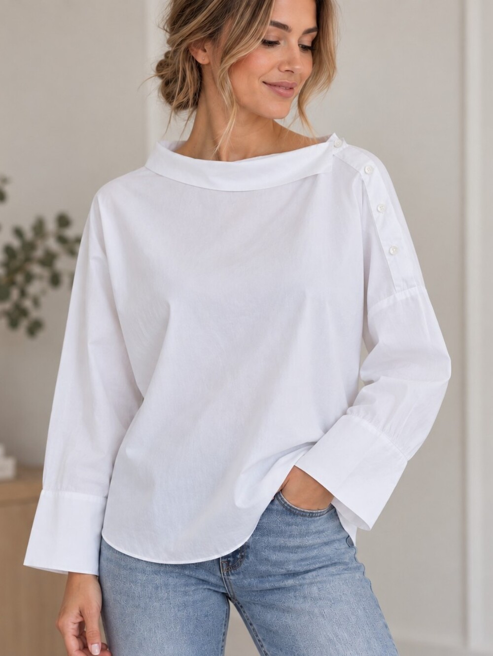 Babaton White Cotton Button Detail Blouse